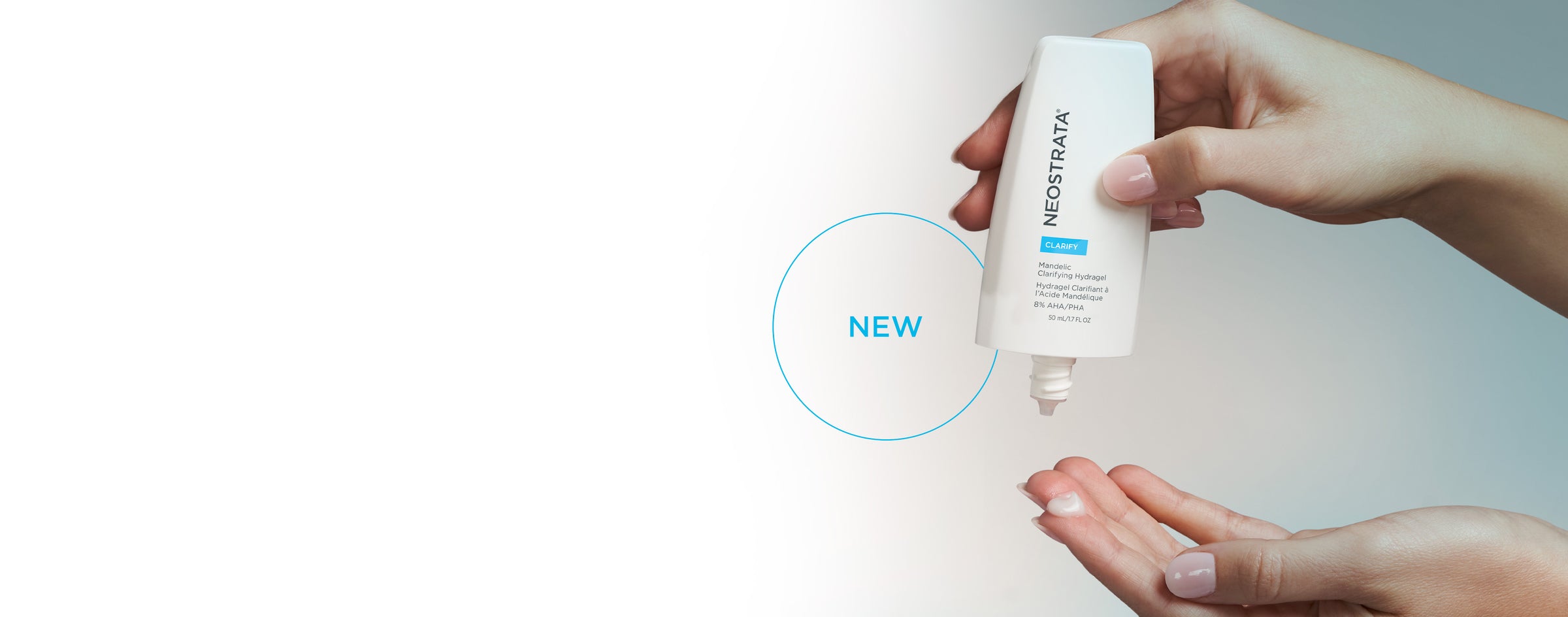 Pair of woman's hands holding a bottle of NEW Neostrata Mandelic Clarifying Hydragel.